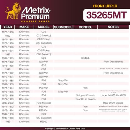 Metrix Premium Chassis Parts Ball Joint Fits Chevrolet C20 75-87, GMC C25 | 75-78, C20 Pickup 71-74, C20 Suburban 71-86, C25 Suburban 75-78, C25/C2500 Pickup 71-74, Front Upper, Replacement K6122 - size: K6122