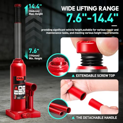 DNA Motoring 3 Tons Hydraulic Car Bottle Jack, Red, 6000 lbs Capacity | Automotive Welded Bottle Jack For Car SUV Pickup Truck, Auto Repair House Lift, with Manual handle & Carrying Storage Case - color: red, style: 3 ton
