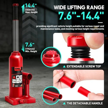 DNA Motoring 3 tons / 6000 lbs Lifting Automotive Welded Hydraulic Bottle Jack for Car SUV Pickup Truck, Auto Repair, with Manual Handle & Carrying Storage Case, Red - color: red, style: 3 ton
