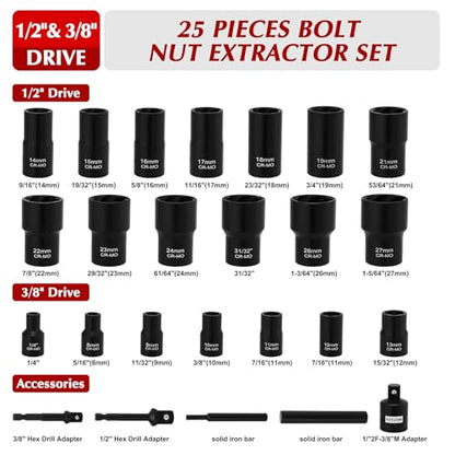 EMENTOL 25 Pieces Bolt Nut Extractor Set, 1/2" and 3/8" Drive Impact Lug Nut Remover Socket Tool, Wheel Lock Removal Kit for Removing Stripped Rusted Nuts/Damaged Nut or Bolt/Locknuts