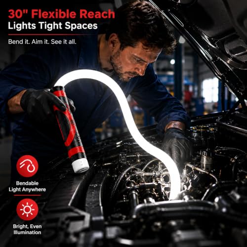 Flexible LED Light Stick 30", Rechargeable Bendable Mechanic Work Light, 1200 Lumens Inspection Light with 360° Flexible Neck, IPX6 Waterproof for Car Repair, Under Hood, Garage and Tight Spaces