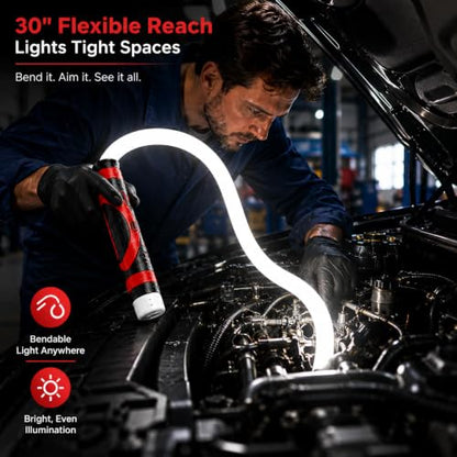 Flexible LED Light Stick 30", Rechargeable Bendable Mechanic Work Light, 1200 Lumens Inspection Light with 360° Flexible Neck, IPX6 Waterproof for Car Repair, Under Hood, Garage and Tight Spaces
