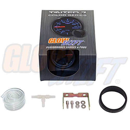 GlowShift Tinted 7 Color -30 inHg Vacuum Gauge Kit, 2-1/16" 52mm | Includes Mechanical Hose, T-Fitting & Wiring, Multi-Color Analog Display, Black Dial, Smoked Lens, For Car & Truck