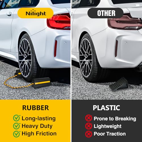 Nilight Wheel Chocks RV Car Heavy Duty Rubber Tire Chock Blocks Stopper Yellow Reflective Strips Stabilizer 2 Pack with Rope for RVs Cars Travel Trailers Campers Trucks Motorcycle Accessories Parking - size: 2 Pack Wheel Chocks