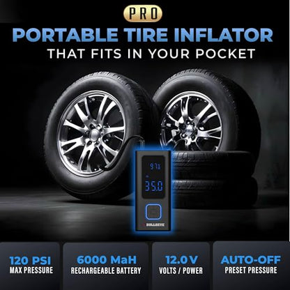 POCKET AIR PRO Tire Inflator Portable Air Compressor by Bullseye Pro for Tires, Balls, Inflatables, Auto Shut Off, Inflates in 2 Min, Cordless Rechargeable 6000 mAh,120 PSI, SoS Light for Emergencies - style: Pocket Air PRO