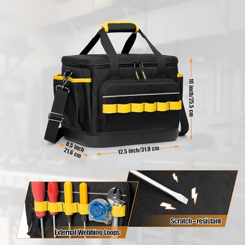 Rexmica Small Tool Bag, 12-Inch Tool Tote Bag with EVA Hard Bottom and Carrying Strap, Multi-functional Tool Storage Organizer for Electrician, Plumber, Mechanic, Automotive, Black-yellow