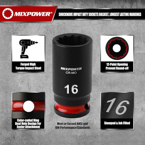 MIXPOWER 13 Pieces 3/8'' Drive Semi-Deep Impact Socket Set,12 Point,Metric,7-19mm,CR-MO,Axle Nut Impact Grade Socket for Easy Removal - size: 7-19mm
