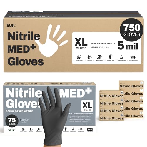SUP MED+ Black Nitrile Exam Gloves, 5 Mil Disposable Gloves Latex & Powder-Free Medical Food Safe Cooking Glove, 75 or 750 Ct - color: X-large (Black 1000)