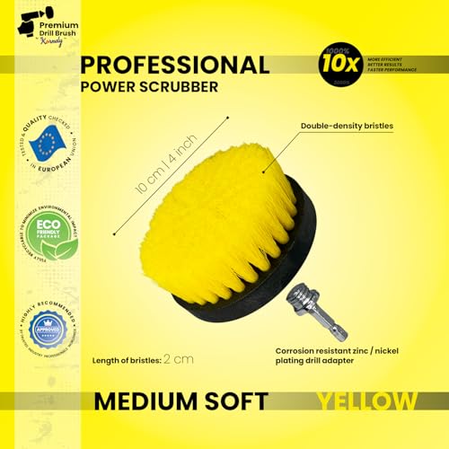 Premium Drill Brush Professional– 2in1 for Drill & Angle Grinder Medium-Soft 4 in Yellow | Scratch-Free Cleaning Brush for Tile, Grout, Bathtub, Shower, Fibreglass and Ceramic Surfaces - color: Yellow