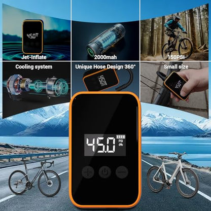 Mini Bike Tire Pump,20s Fast Inflation 150PSI Electric Bicycle Pump with Pressure Gauge,Portable Tire Inflator Bike Air Pump with Presta and Schrader Valve for Balls,Motorcycle Road and Mountain Bike