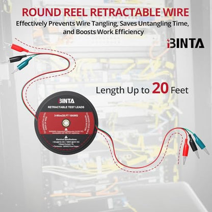 BINTA 3 Wire 20 Ft Retractable Test Leads, Red/Black/Blue Alligator Clip Test Leads, 18 AWG Gauge Wire for Electrical Testing, Cars, Trailers