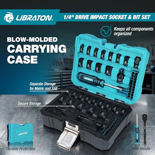 LIBRATON 71PCS 1/4 Impact Socket Set, Complete SAE & Metric Socket & Bit Set, Impact Ready Drive Socket Kit with 90-Tooth Ratchet & Spinner Handle for Drill & Impact Driver, Automotive Repair Tool Kit
