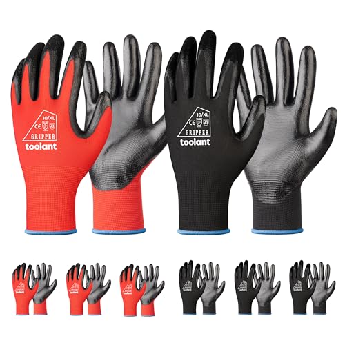 toolant Nitrile Coating Work Gloves for Men, Superior Oil Resistance, Safety Work Gloves with Grip, Touch Screen - color: Red&black (6 Pairs), size: Small