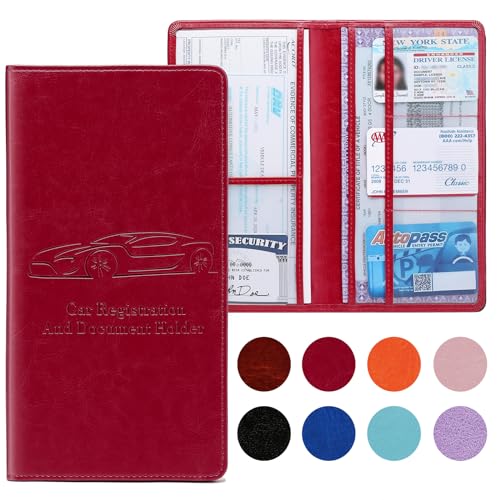 Car Registration and Insurance Card Holder for Women Men, Red Glove Box Paperwork Organizer with Magnetic Buckle for Easy Access and Protect Documents and Various Cards in Vehicle - color: Red
