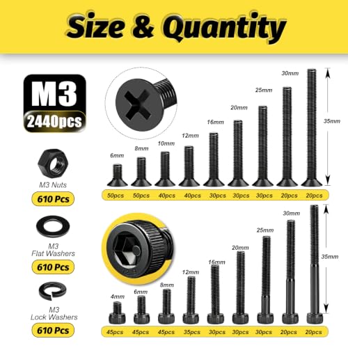 Kadrick M3 Screws Assortment Kit, 2440 Pcs Hex Socket Cap & Phillips Flat Head M3 Bolt Kit, 4-35mm Length, Nuts, Washers & Allen Wrench Included,M3 Bolts for 3D Printing - size: M3 2440Pcs 4-35mm