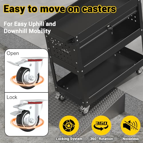 3 Tier Rolling Tool Cart on Wheels, 550 LBS Tool Cart with Drawers，Heavy Duty Utility Cart with Pegboard and Hooks，Mechanic Tool Storage Cart for Garage, Warehouse (Black) - color: Black
