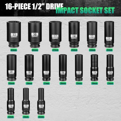 1/2 Inch Drive Impact 16 PCS Hex Socket Set,Metric Deep (10-32mm) Sockets,6 Point Radius Corner Design,CR-MO Alloy Steel,Square Chamfered Opening,Axle Nut Socket For Auto Repair - size: 1/2" Metric 16pc