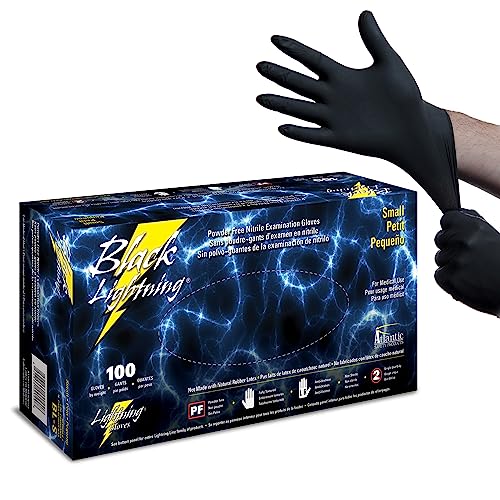 Black Lightning Nitrile Gloves 6 Mil, Disposable Powder-Free Exam & Work Gloves, Heavy Duty Chemical Resistant, Food Safe, Medical & Mechanic Gloves, Black, Small, 100 Count - size: Small, style: 100