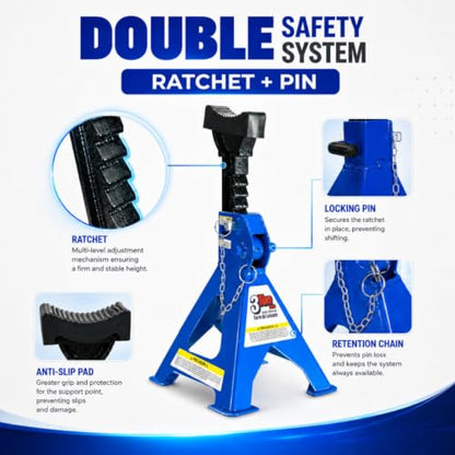 Hantec Jack Stands 3 Ton (6,600 lbs) Pro – Double Safety System, Non-Slip Rubber Pad, Heavy-Duty Steel, 1 Pair for Cars, SUVs and Trucks - Blue