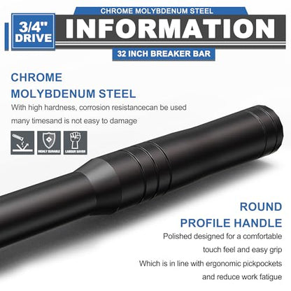 3/4” Drive 32 Inch Breaker Bar, Heavy Duty Head, Premium Chromium-Molybdenum Steel, Laser Etched Marking, for Loosen Rusted, Stubborn, Stuck Nuts and Bolts - size: 3/4 32 inch