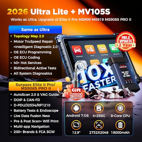 Autel MaxiCOM Ultra Lite Scanner w/ MV105S: 2026 Intelligent Tool as MaxiSys Ultra S2, Up of MS909 Elite II Pro MS919, 2 Years Free Update, Topology 2.0, Motor TruSpeed, 40+ Service, 3000+ Active Test