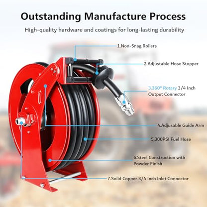3/4” x 50ft Fuel Hose Reel Retractable with Fuel Nozzle, 3/4 Inch Diesel Fuel Transfer Hose, Auto Swivel Rewind, Max 300 PSI Tank Pump Hose, Easy Use for Farms Boat Truck Bed Trailer Cart - color: Red, size: 3/4" x 50ft