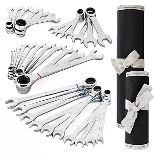 DURATECH 32-Piece Ratcheting Combination Wrench Set | 20PCS Combo Wrench Set & 12PCS Stubby Wrench Set, SAE & Metric, CR-V Steel, with Rolling Pouch - size: Metric&SAE(32 PCS)