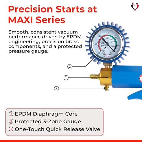 LeLuv Maxi Vacuum Pump - Manual Hand Vacuum (0-30 Hg, 0-760 mmHg) with Ergonomic Nylon Handle, Release Valve, & Rubber Protected Pressure Gauge (1/8" NPT), Compatible with LeLuv Pump Series - Blue - color: Blue