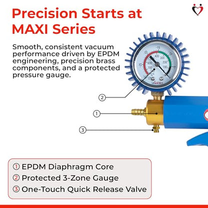 LeLuv Maxi Vacuum Pump - Manual Hand Vacuum (0-30 Hg, 0-760 mmHg) with Ergonomic Nylon Handle, Release Valve, & Rubber Protected Pressure Gauge (1/8" NPT), Compatible with LeLuv Pump Series - Blue - color: Blue