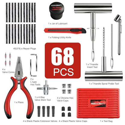 AWELCRAFT 68-Piece All-in-One Heavy Duty Tire Plug Kit – Professional Tire Repair Set, T-Handle Tools, Valve Kit, 40 Plugs, Pliers, Knife – Universal for Car - size: 68 Piece Repair Kit