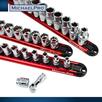 MichaelPro 3-Piece Aluminum Socket Organizer Rail Set- 1/4-inch, 3/8-Inch, and 1/2-Inch Drive Tool Socket Organizers Hold 46 Sockets, Heavy Duty Socket Storage | MP014001 - style: Non-Magnetic