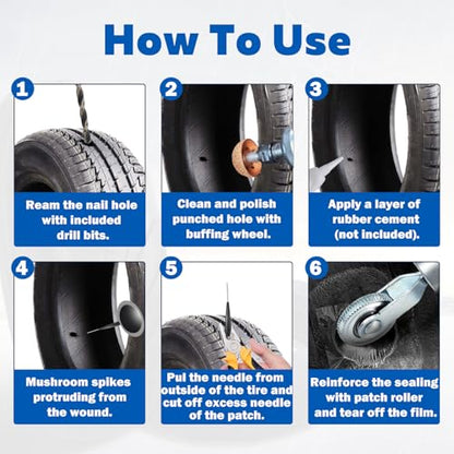 Tire Patch Kit Tire Repair Kit Including Tire Patch Plugs in 3 Size, Tungsten Steel Buffing Wheel, Tire Patch Roller with 4mm Twist Drill Bit for Vehicle - size: 1 Tungsten Buffing Wheel + 18 Accessories