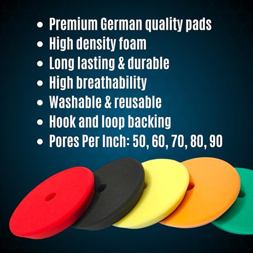 HI Detail 5" Buffing Polishing Pad Set, 5 Pcs Compound Buffing Sponge Pads Cutting Polishing Pad, for Car Buffer Polisher, Polishing and Waxing, 6 inch Face, 5 Inch Backing Plate, Complete Set.