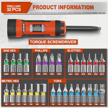 32 PCS 1/4" Drive Long Shank Torque Screwdriver, 3-39 Inch Pound Torque Screwdriver Set with S2 Bits and Socket Adapter for Maintenance, Tools, Bike Repairing and Mounting - size: 3-39 in.-lb. L