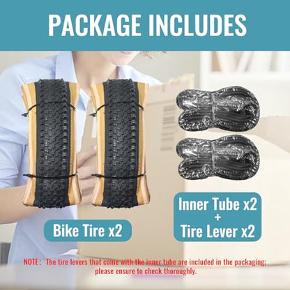 Hycline 2-Pack Mountain Bike Tires Set: 20/24/26/27.5-inch Folding Replacement High-Performance Wear-Resistant Bicycle Tires and Pair Inner Tubes with Tire Levers for MTB Off-Road Bike - color: 26x1.95-60TPI（Skinwall）