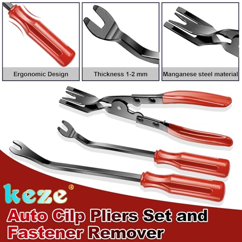 Keze 7 Pcs Auto Trim Removal Tool Kit for Car Panel Dashboard Door Clips and Upholstery with Plastic Pry Tool & Clip Pliers – No Scratch Design Professional Automotive Repair Tools Set, Red - color: Red-Auto Trim Removal Pry Tool