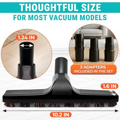 Universal Vacuum Attachments, Horsehair Brush, 1.25" Fit, 360 Swivel | Vacuum Brush Attachment, Soft Bristles, 3 Hose Adapters 1.25" to 1.37", Swivel Head; for Wood, Tile, and Smooth Surfaces