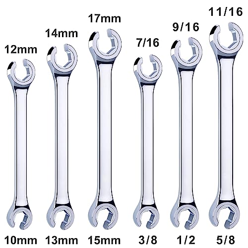 EFFICERE 6-Piece Metric and SAE Flare Nut Wrench Set with Rack | Metric 10mm - 17mm, Inch 3/8” - 11/16” | Cr-V Steel, 6-Point Double-End Design, Best Line Wrench for Fuel, Brake, Air Conditioning - size: Metric & SAE Set, 6-Piece