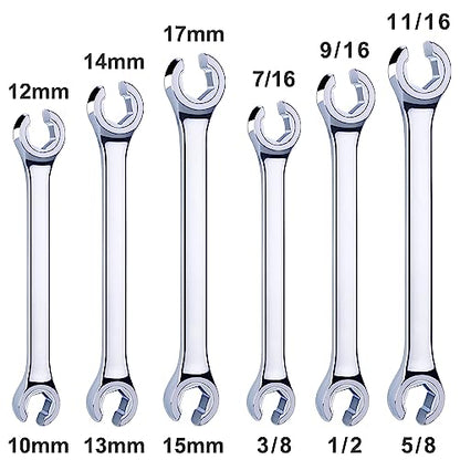 EFFICERE 6-Piece Metric and SAE Flare Nut Wrench Set with Rack | Metric 10mm - 17mm, Inch 3/8” - 11/16” | Cr-V Steel, 6-Point Double-End Design, Best Line Wrench for Fuel, Brake, Air Conditioning - size: Metric & SAE Set, 6-Piece