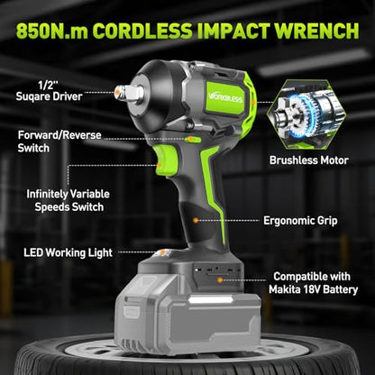 850Nm (630Ft-lbs) Cordless Impact Wrench for Makita 18V Battery, Brushless 1/2 Impact Gun, Electric Impact Wrench for Car Tire, Mower Lug Nut, 3-Speed, 4 Cr-V Sockets(BATTERY NOT INCLUDE) - style: 850N.m with NO Battery