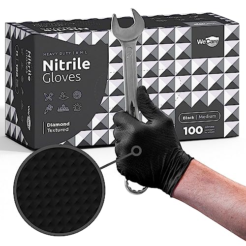 WECARE 8 Mil Nitrile Gloves - Heavy Duty Mechanic Gloves, with Diamond Grip - Powder and Latex Free Disposable Gloves - size: X-Large