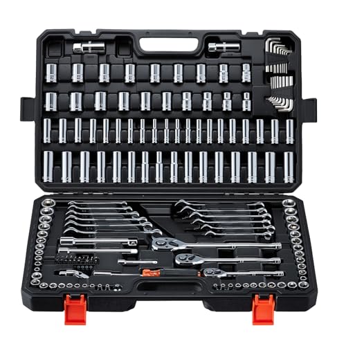 VEVOR Mechanics Tool Set, 159-Piece Mechanic Tool Kit, 1/4 in, 3/8 in, and 1/2 in Drive, SAE and Metric Socket Set, Wrenches, Screwdriver Bits, Accessories, and Storage Case, for Automotive Repair - size: 1/4"&3/8"&1/2", style: 159 PCS