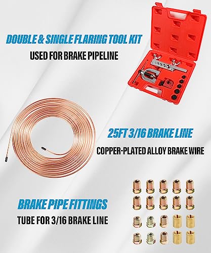 YAKEFLY 25 ft 3/16 Copper Coated Brake Line Kit with 16 Fittings and 4 Unions Brake Line Fittings,Brake Line Double & Single Flaring Tool Kit,Fits for Most Hydraulic Braking Systems,Fuel Systems,etc - color: Gold
