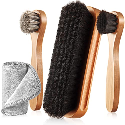 4 Pcs Horsehair Shine Shoes Brush Kit Polish Dauber Applicators Cleaning Leather Shoes Boots Care Brushes Suede Cleaner Brush with Microfiber Shoe Cloth(4 Pcs Style B) - style: 4 Pcs Style B