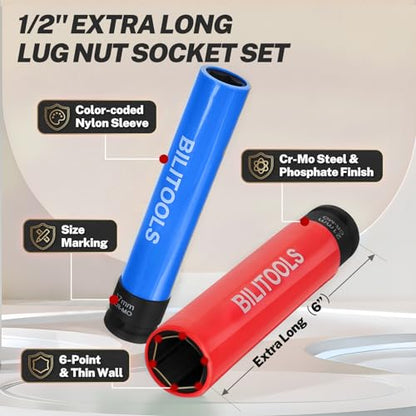 BILITOOLS Extra Long Impact Socket Set, 1/2" 17/19/21mm Lug Nut Socket Set | 3PCS Socket Set CR-MO steel, 6" Length, 6-Point Flank Drive, Color-Coded, Scratch-Proof Sleeve, fits Impact Wrenches - size: 17 19 21 mm