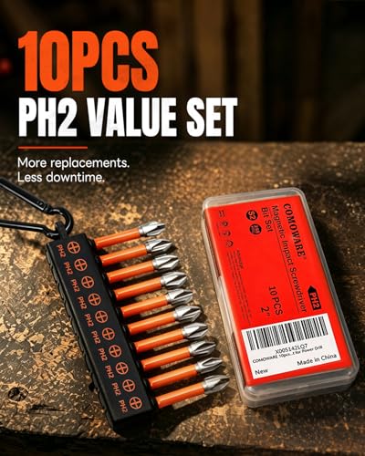 COMOWARE 10PCS PH2 Impact Screwdriver Bit Set, 2" Magnetic Phillips Drill Bits #2, S2 Steel 1/4" Hex Power Bit Set with Storage Case and Carabiner Clip, Impact Rated for Drill and Driver - color: Ph2 10pcs
