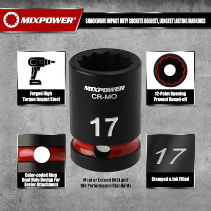 MIXPOWER 26 Pieces 1/2'' Drive Shallow Impact Socket Set,12 Point,Metric,10-36mm,CR-MO,Axle Nut Impact Grade Socket for Easy Removal