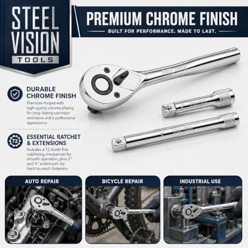Steel Vision Tools 44-Piece 1/4" Drive SAE & Metric Socket Set, Shallow & Deep, Chrome Finish, 72T Ratchet & Extensions, Mechanic Tool Kit for Automotive & DIY Repair - size: 1/4"_SAE&Metric_44pc