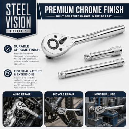 Steel Vision Tools 44-Piece 1/4" Drive SAE & Metric Socket Set, Shallow & Deep, Chrome Finish, 72T Ratchet & Extensions, Mechanic Tool Kit for Automotive & DIY Repair - size: 1/4"_SAE&Metric_44pc