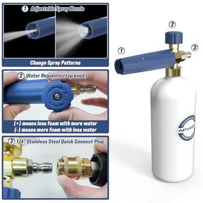 Foam Cannon Dual Connector for Pressure Washer | Double Tip Attachment for Soap Cannon, Pressure Washer Gun and 7 Power Washer Sprayer Nozzles Tips for Car Wash Kit